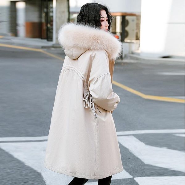 

warm thick wide-waisted medium long hooded parka coat winter jacket women fur collar jacket female adjustable waist1, Black