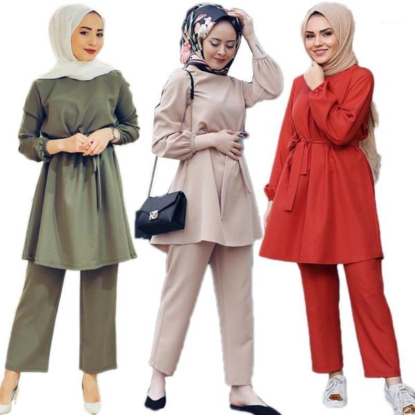 

abaya muslim women sets 2 pieces long sleeve pants solid color dubai arab jilbab turkish islamic clothing ramadan dresses1, Red