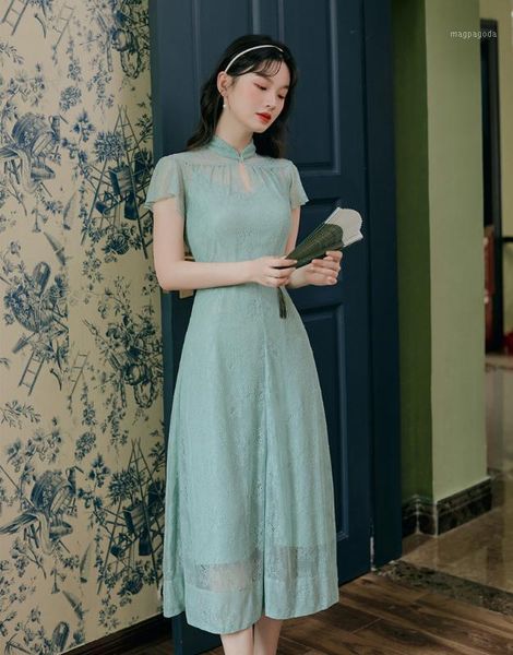 

improved cheongsam lace retro cheongsam dress1, Red