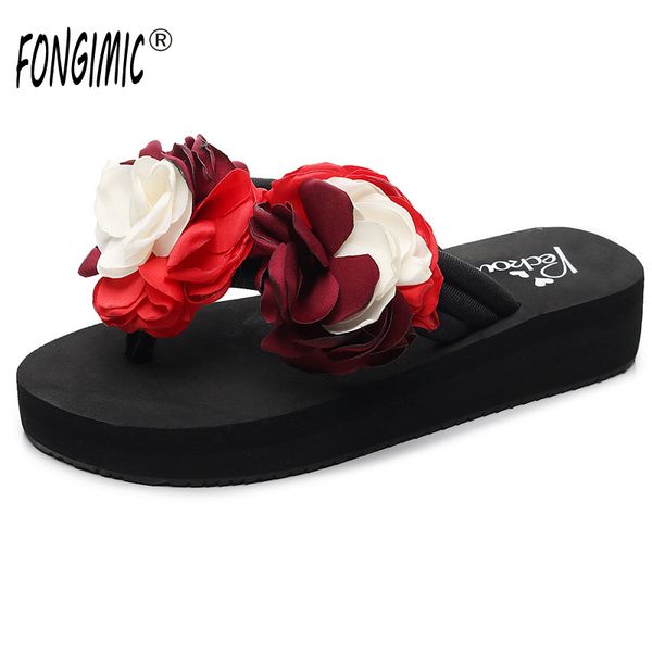 

4 cm high heel womens summer new flat bottom ladies slippers flowers non-slip outer wear fashion flip flops women house shoes, Black