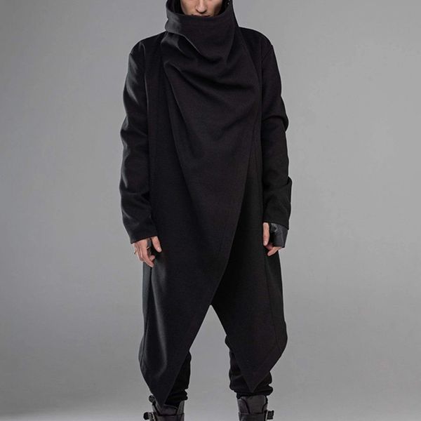 

turtleneck punk streetwear cloak cape solid sleeve coats s-5xl men outerwear style fashion irregular jackets long dsjib, Black