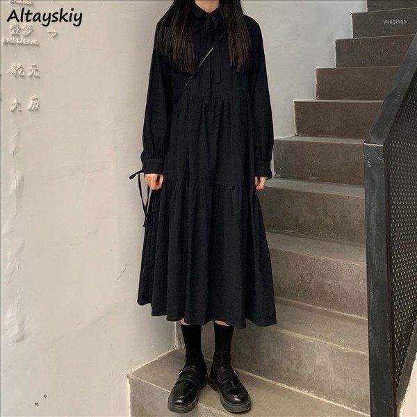 

dress womens solid black loose long sleeve bow plus size harajuku retro korean style chic leisure daily bandage sweet girls new1, Black;gray