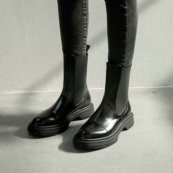 

used to be 2021 square down plutonium leather heel women's shoes round toe platform mid-calf calf boots fashion sliding ladies, Black