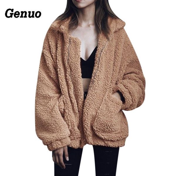 

genuo women fashion fluffy shaggy faux fur warm winter coat cardigan bomber jacket lady coats zipper outwear jackets streetwear, Black