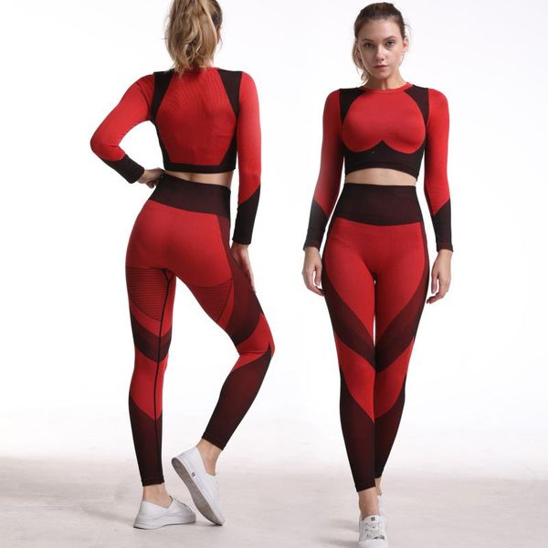 

yoga outfits seamless sports suit red gym set women high elastic running workout clothes long sleeve fitness crop pants, White;red