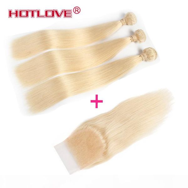 

ove company brazilian virgin hair straight with closure 100% human hair 3 bundles with 4x4 lace closure with baby hair 613 blonde, Black;brown