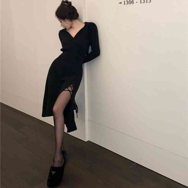 

knitting dress korean vintage spring turn down collar v-neck long sleeves split fork waist long dresses, Black;gray