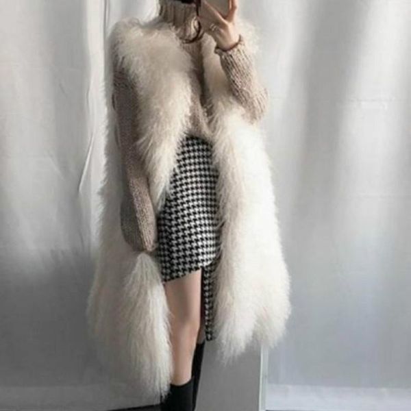 

women's fur & faux women autumn winter long vest coat white black furry coats solid color cardigan warm velvet sleeveless jackets