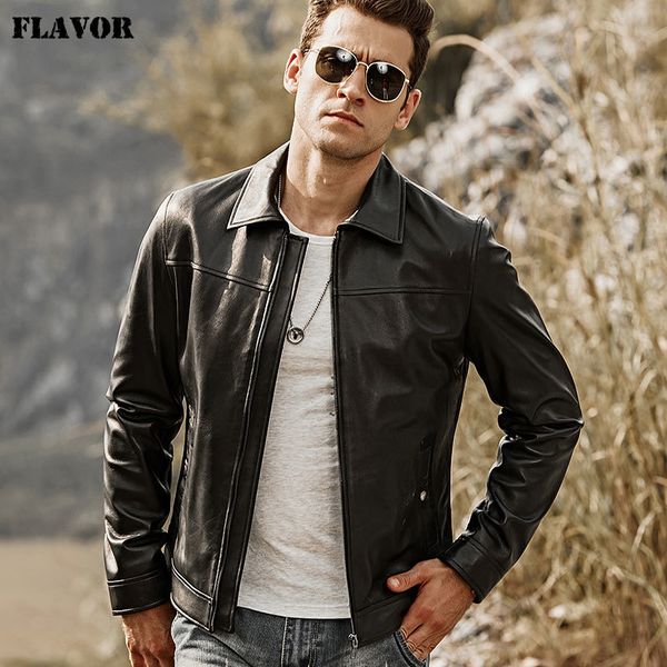

flavor men's real leather motorcycle jacket men lambskin genuine leather jacket with turn-down collar black coat lj201030