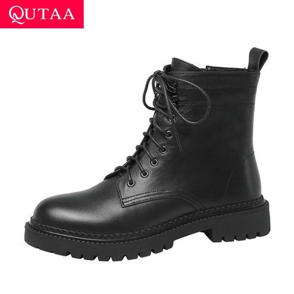 

boots qutaa 2021 autumn winter ankle casual round toe lace up zipper women shoes cow leather square heel short size 34-411, Black