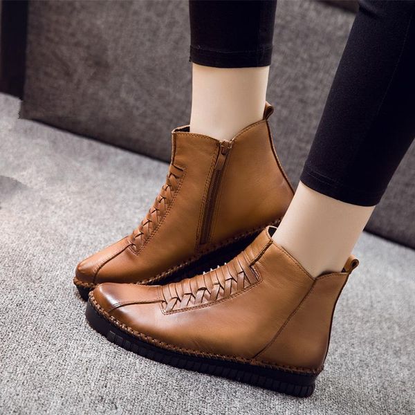 

tilocow women's ankle boots for women genuine leather platform shoes woman flat with zip boots female footwear zapatillas mujer, Black