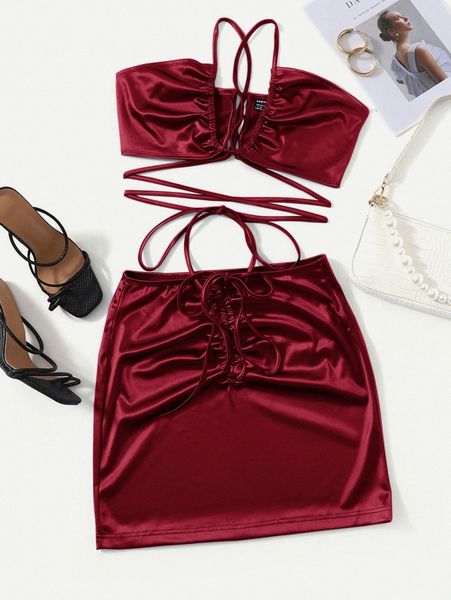 

crisscross knot satin crop & skirt set w6lx#, White