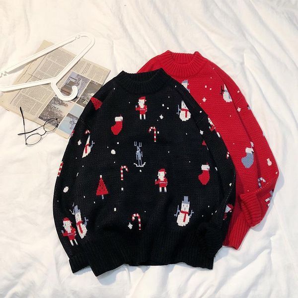 

christmas warm sweater snow black red casual wild long-sleeved santa claus christmas eve's knit sweater couples o-neck1, White;black