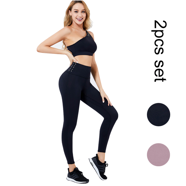 

2pcs yoga suit slanted shoulder bra and high elastic leggings gym fitness set, White;red