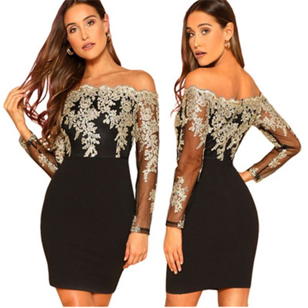 

ladies embroidery lace dress fashion trend long sleeve water soluble strapless short skirts designer female spring new casual tube dress, Black;gray