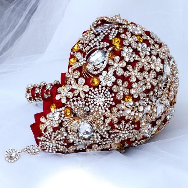 

18cm red satin rose wedding bridal bouquet brilliant diamonds bridesmaid holding flower rhinestone gorgeous bouquet w2020g1