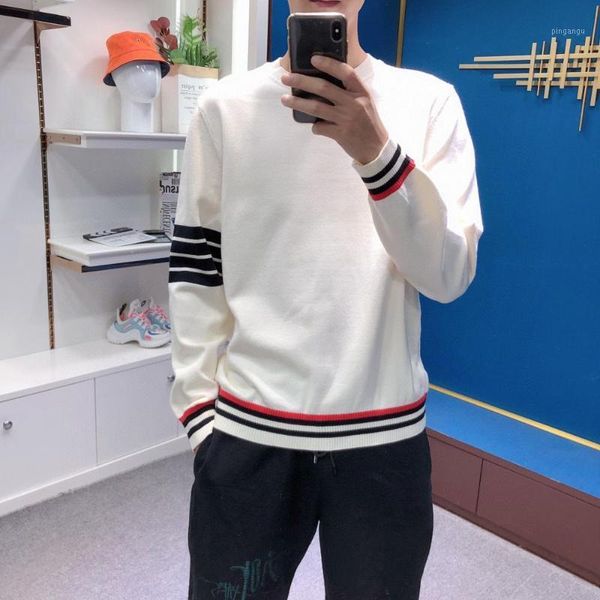 

2020 sweater mens clothes fall winter men clothing knitted pullover long sleeve plus size striped korean style 1, White;black