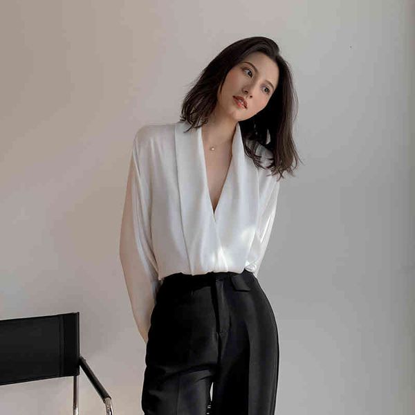 

women's blouses & shirts [eam] women vintage satin big size white blouse v-neck long sleeve loose fit shirt fashion spring autumn 2022