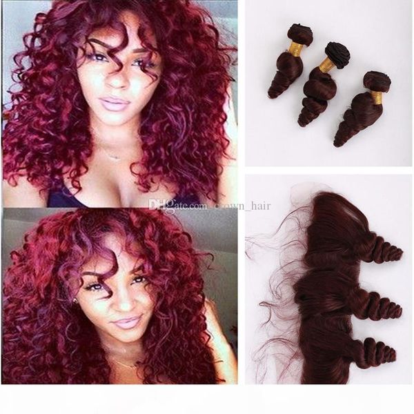 

burgundy ear to ear lace frontal with loose curly hair weft #99j wine red loose wave hair weaves with lace frontal 13x4, Black