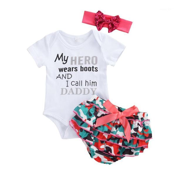 

clothing sets focusnorm 0-18m 3pcs summer girl short sleeve daddy printed romper camouflage pacthwork pants for toodler girl1, White