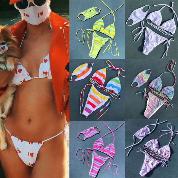 

3pcs bikini with mask women raiow striped print set swimsuit three piece halter neck bra thong swimwear beachwear new, Black;white