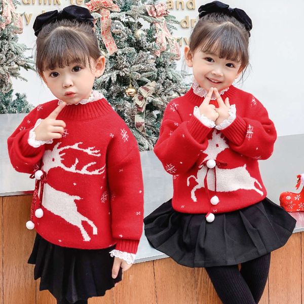 

2020 children's girls' winter clothing korean cartoon deer sweater baby christmas pullover, Blue