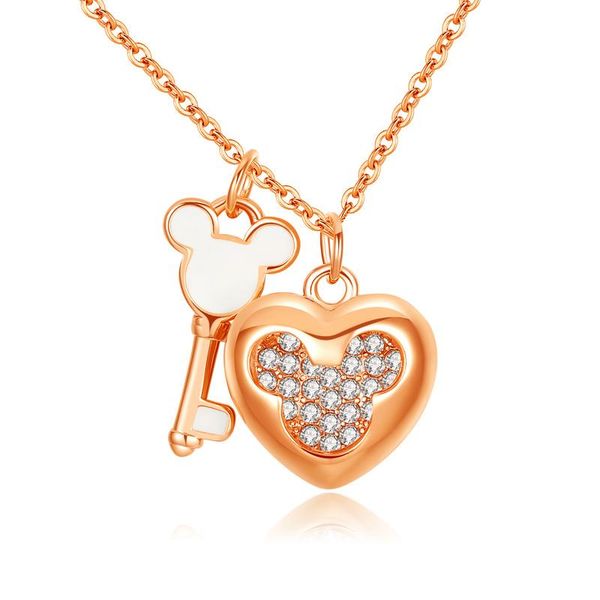 

pendant necklaces loye love heart micky key necklace shiny crystal zircon clavicular chain for women girls birthday jewelry gift, Silver