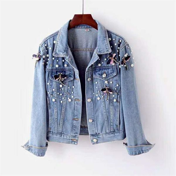

2021 autumn denim jacket coat women beading loose overcoat jeans jacket basic coats streetwear long sleeve casual outerwear p688, Black;brown