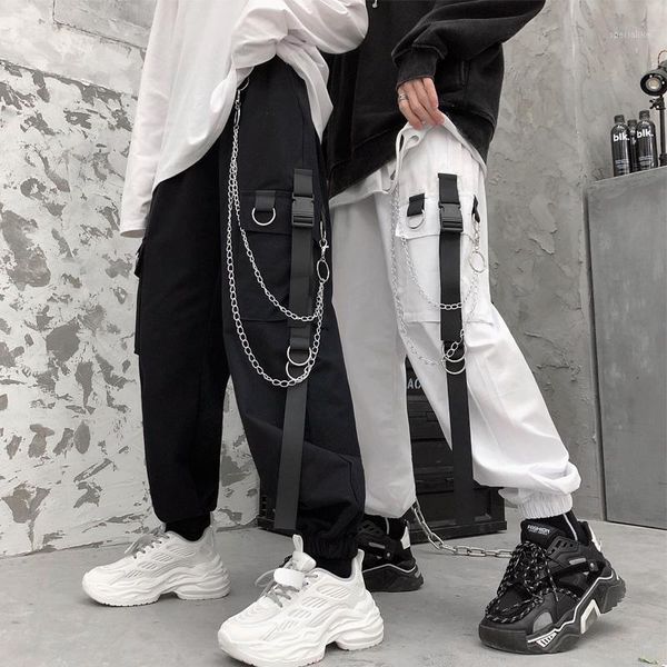 

2020 fashion harajuku cargo pants men streetwear ribbon and chains hip hop casual track pants vinatge trousers pantalon homme1, Black