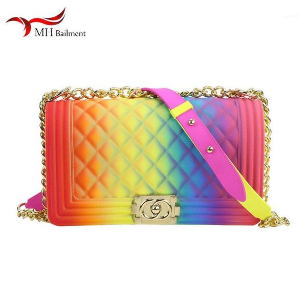 

female purse rainbow color jelly shoulder diagonal chain bag pvc big purses summer new fashion popular bag with slippers women1, Red;black