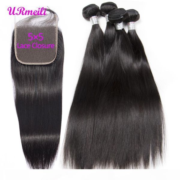 

straight hair bundles with 5x5 lace closure brazilian virgin hair weave 3 4 bundles with closure natural black remy hair extension, Black;brown