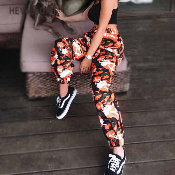 

heyoungirl orange camouflage pants harem camo sweatpant high waist hip hop cargo plastic trousers striped pants pantalon femme y19070101, Black;white