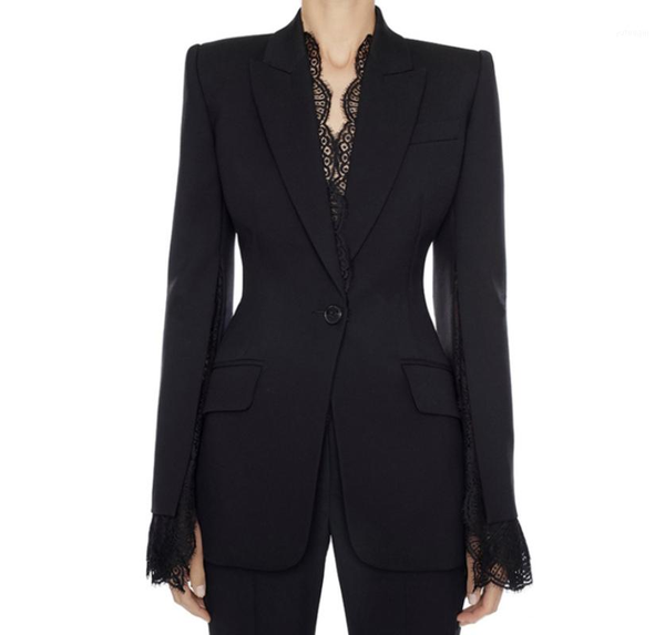 

suit blazer jacket 2020 autumn and winter solid color women's jacket split sleeve lace edge decoration one button slim suit coat1, White;black