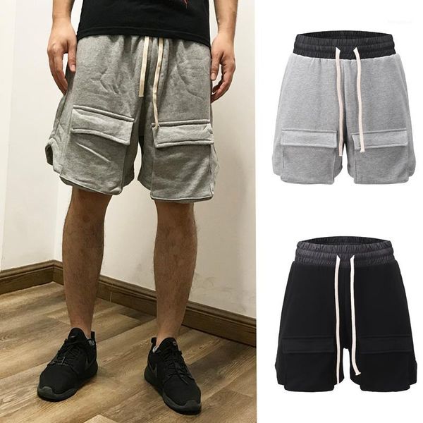 

2020 vintage mens shorts hip hop tide summer elastic drawstring multi pockets design solid color knee length baggy shorts1, White;black