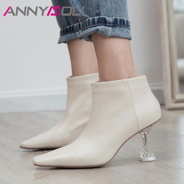 

boots annymoli fall genuine leather ankle women cow kitten high heels short square toe shoes ladies plus size 43, Black