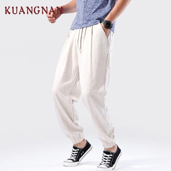 

kuangnan chinese style ankle-length linen pants men jogger japanese streetwear joggers men pants trousers 2019 spring1, Black