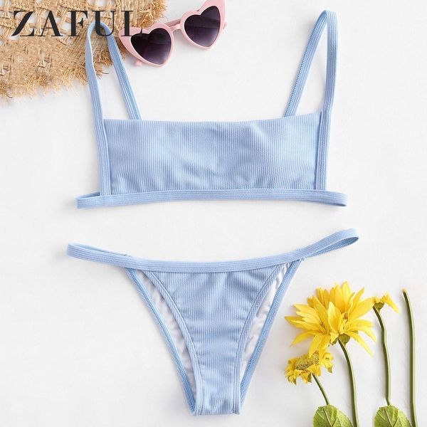 ZAFUL Bikini con gancio a costine String Bikini senza ferretto Costume da bagno a vita bassa Costume da bagno con scollo quadrato Costume da bagno imbottito solido T200508