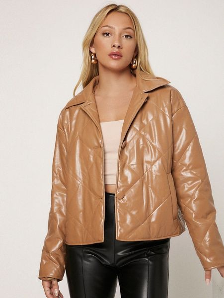 

drop shoulder pu leather quilted coat o1fd#, Black