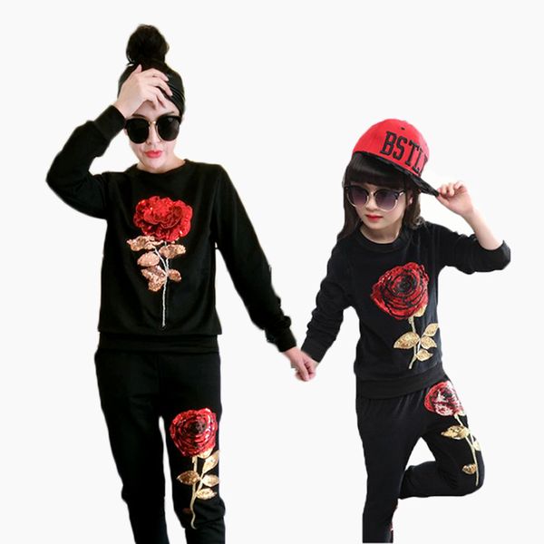 Neue Winter-Stil Familie passende Outfits Mutter und Tochter Langarm Rose Floral Sweatshirt + Hosen 2 Stück Anzug 201104