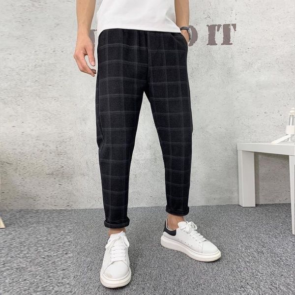 

men's pants 2021 korean plaid harem men clothing simple all match streetwear ankle length casual straight trousers black 28-36