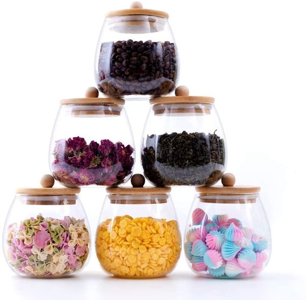 

rora 6 piece round clear glass food storage jars with airtight bamboo lids kitchen decorative canister set for coffee, flour, tea, sugar, ca