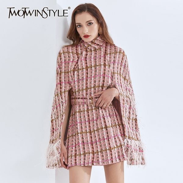 

twotwinstyle patchwork tassel plaid jacket for women turtleneck high waist sashes hit color casual coats female fall new 201026, Black;brown