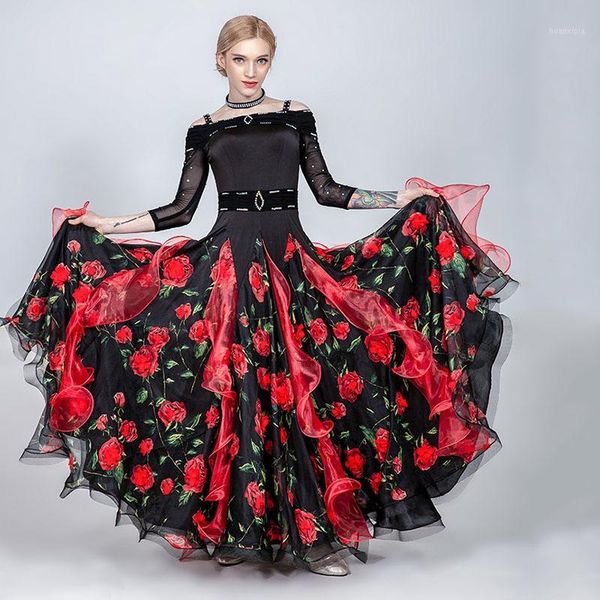 

new women modern dance dress national standard dance dress red ballroom big swing waltz costume1, Black;red