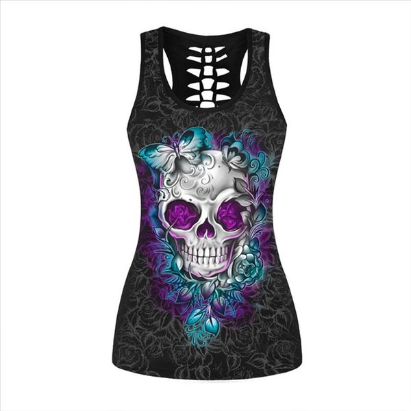 

women fitness sporting tank 3d floral skull printed women o neck sleeveless vest female punk gothic slim t shirts, White