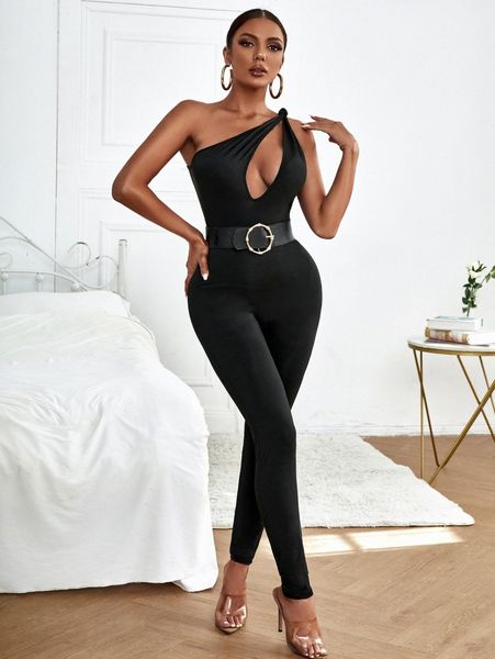 

cut out one shoulder unitard jumpsuit without belt h00t#, White