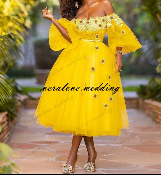 robes de soiree Abito da ballo corto giallo con spalle scoperte Appliques in pizzo Abiti da sera mediorientali Festa di laurea lunga