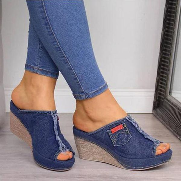 

summer ladies shoes with heels stylish womens blue cowboy comfortable open-toe shoes wedges platform open sandals slipper, Black