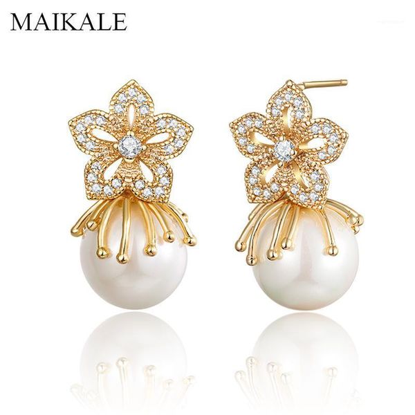 

maikale fashion design flower pearl earrings for women zirconia drop earrings with pearls female jewelry girls exquisite gift1, Silver