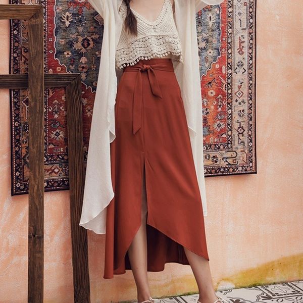 

2021 new summer out a line high waist solid color feminine irregular thin division simple skirt 1bkq, Black