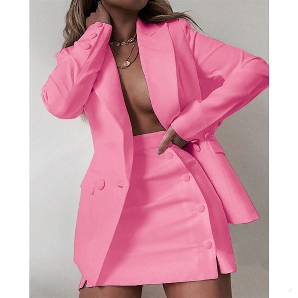 Seksi Mini Etek Takım Elbise 2 Adet Kadınlar Örgün Iş Kıyafetleri Uzun Kollu Blazer Ceket Setleri Üniformalar Ofis Bayanlar Tulum 220302